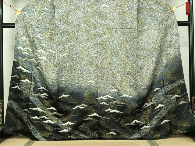 平和屋着物▽訪問着　単衣　駒刺繍　松文　暈し染め　金通し地　正絹　逸品　AABK7219jh