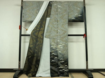 平和屋着物▽訪問着　単衣　駒刺繍　松文　暈し染め　金通し地　正絹　逸品　AABK7219jh