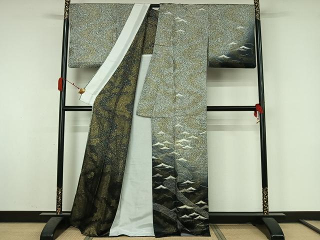 平和屋着物▽訪問着　単衣　駒刺繍　松文　暈し染め　金通し地　正絹　逸品　AABK7219jh