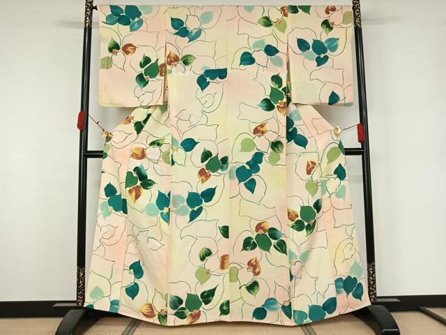平和屋着物▽上質な小紋　単衣　手描き　地紋起こし　草花文　正絹　逸品　AABK7221jh