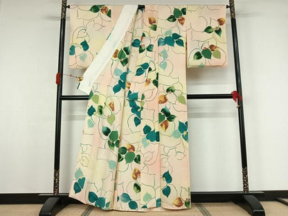 平和屋着物▽上質な小紋　単衣　手描き　地紋起こし　草花文　正絹　逸品　AABK7221jh