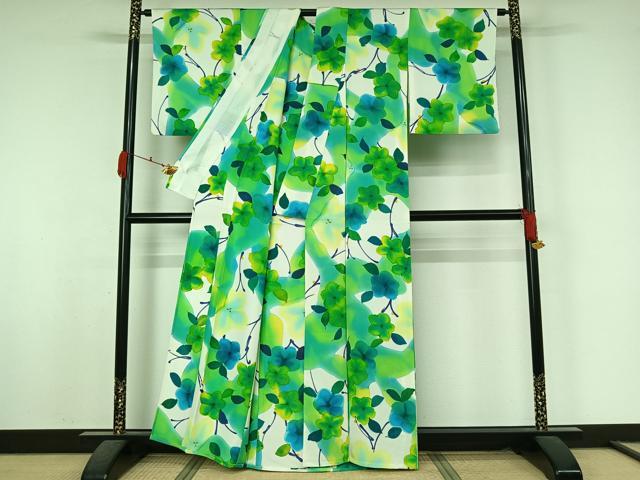 平和屋着物▽上質な小紋　単衣　手描き　草花文　正絹　逸品　AABK7225jh