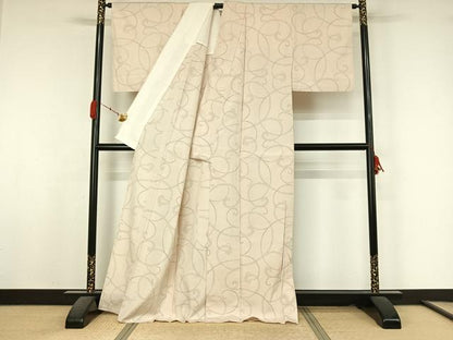平和屋着物▽上質な紬　単衣　唐草文　正絹　逸品　AABK7227jh