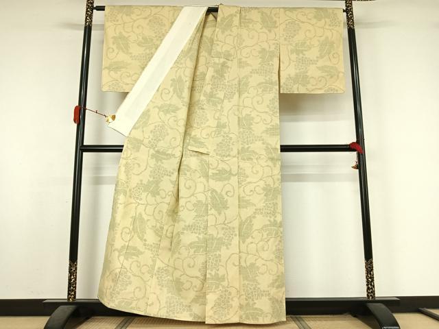 平和屋着物▽結城紬　単衣　80亀甲　葡萄唐草文　正絹　逸品　AABK7228jh