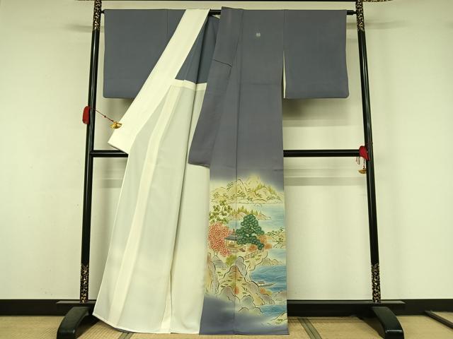平和屋着物▽人間国宝・羽田登喜男　色留袖　単衣　風景花文　暈し染め　正絹　逸品　AABK7231jh