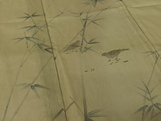 平和屋着物▽男性　訪問着　無双　紗袷　紗×紗　手描き　笹竹文　雀　正絹　逸品　未使用　AABK7244jh