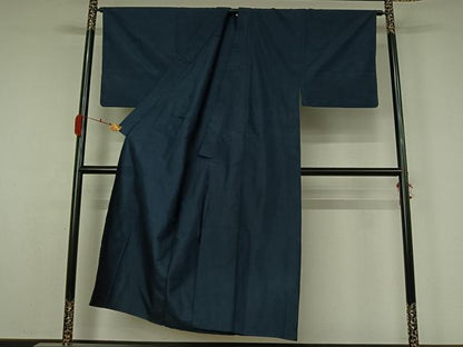 平和屋着物▽男性　紬　単衣　色無地　青藍色　正絹　逸品　AABK7249jh