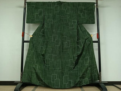 平和屋着物▽上質な紬　単衣　幾何学文様　正絹　逸品　AABK7251jh
