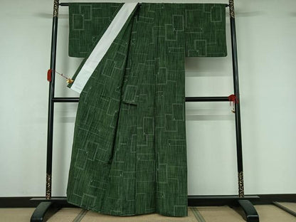 平和屋着物▽上質な紬　単衣　幾何学文様　正絹　逸品　AABK7251jh