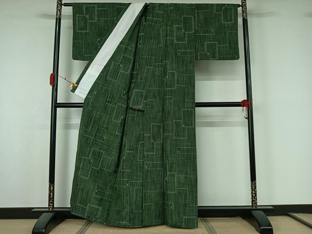 平和屋着物▽上質な紬　単衣　幾何学文様　正絹　逸品　AABK7251jh