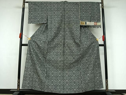 平和屋着物▽小千谷紬　単衣　草花文　証紙付き　正絹　逸品　AABK7252jh