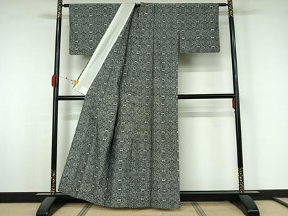平和屋着物▽小千谷紬　単衣　草花文　証紙付き　正絹　逸品　AABK7252jh