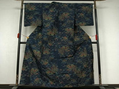 平和屋着物▽上質な紬　単衣　流水花文　正絹　逸品　AABK7253jh