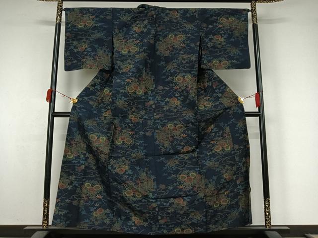 平和屋着物▽上質な紬　単衣　流水花文　正絹　逸品　AABK7253jh