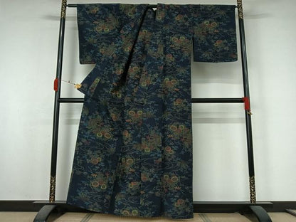 平和屋着物▽上質な紬　単衣　流水花文　正絹　逸品　AABK7253jh