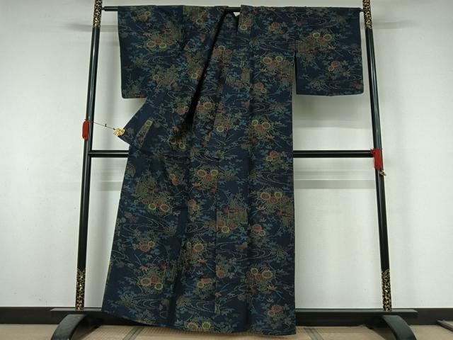 平和屋着物▽上質な紬　単衣　流水花文　正絹　逸品　AABK7253jh