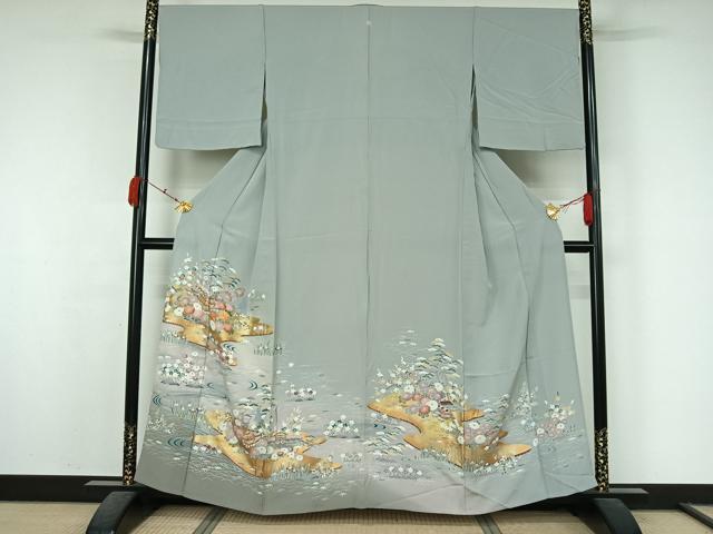 平和屋着物▽豪華色留袖　単衣　友禅　駒刺繍　風景花文　暈し染め　金彩　正絹　逸品　AABK7257jh