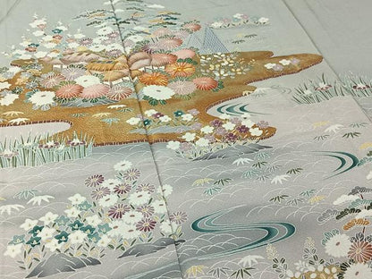 平和屋着物▽豪華色留袖　単衣　友禅　駒刺繍　風景花文　暈し染め　金彩　正絹　逸品　AABK7257jh