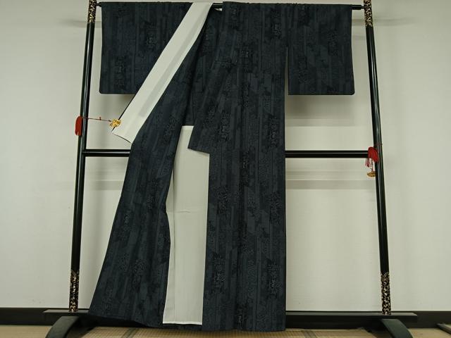 平和屋着物▽本塩沢　単衣　110亀甲　流水花文　正絹　逸品　AABK7263jh