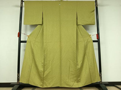 平和屋着物▽上質な色無地　単衣　お召地　花唐草地紋　枯草色　正絹　逸品　AABK7264jh