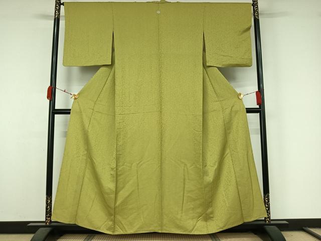 平和屋着物▽上質な色無地　単衣　お召地　花唐草地紋　枯草色　正絹　逸品　AABK7264jh