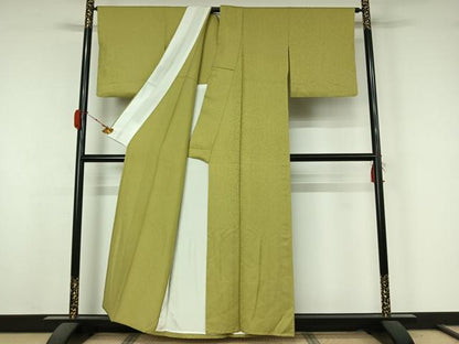 平和屋着物▽上質な色無地　単衣　お召地　花唐草地紋　枯草色　正絹　逸品　AABK7264jh