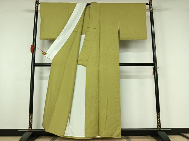 平和屋着物▽上質な色無地　単衣　お召地　花唐草地紋　枯草色　正絹　逸品　AABK7264jh