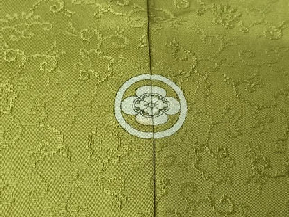 平和屋着物▽上質な色無地　単衣　お召地　花唐草地紋　枯草色　正絹　逸品　AABK7264jh