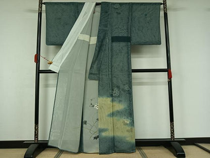 平和屋着物▽訪問着　無双　紗袷　紗×紗　手描き　草花文　暈し染め　金彩　正絹　逸品　AABK7270jh