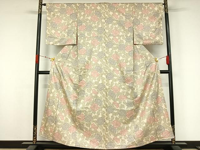 平和屋着物▽上質な小紋　単衣　薔薇　正絹　逸品　AABK7272jh
