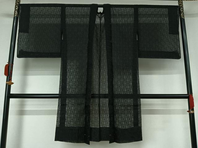 平和屋着物▽羽織　スリーシーズン　春夏秋　塵除け　花尽くし文　黒地　ロング丈　正絹　逸品　未使用　AABK7274jh