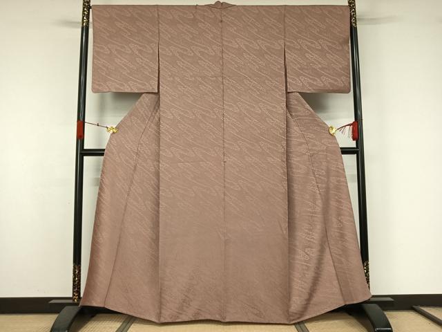 平和屋着物▽上質な色無地　単衣　お召地　笹の葉地紋　薄柿色　正絹　逸品　AABK7275jh