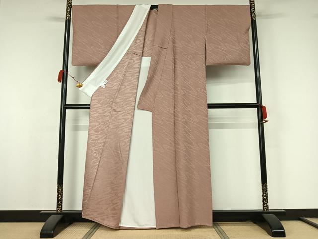 平和屋着物▽上質な色無地　単衣　お召地　笹の葉地紋　薄柿色　正絹　逸品　AABK7275jh