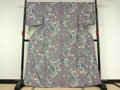 平和屋着物▽上質な小紋　単衣　草花文　金彩　正絹　逸品　AABK7279jh
