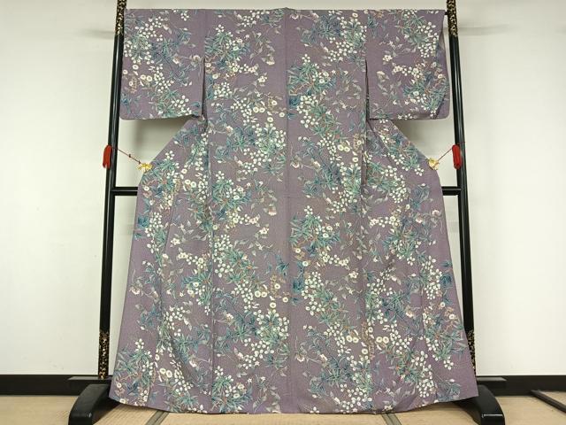 平和屋着物▽上質な小紋　単衣　草花文　金彩　正絹　逸品　AABK7279jh