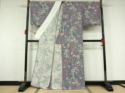 平和屋着物▽上質な小紋　単衣　草花文　金彩　正絹　逸品　AABK7279jh