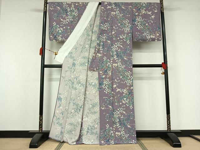 平和屋着物▽上質な小紋　単衣　草花文　金彩　正絹　逸品　AABK7279jh