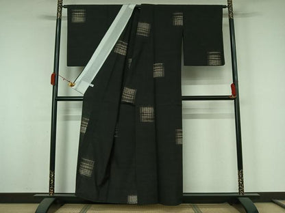 平和屋着物▽上質な紬　単衣　絞り　幾何学文様　正絹　逸品　AABK7280jh
