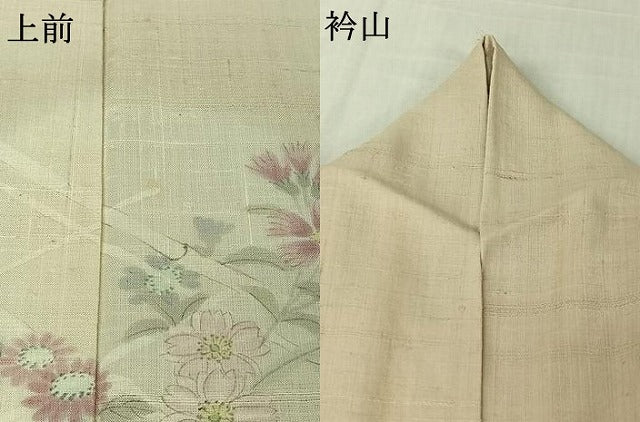 平和屋着物▽訪問着　単衣　生紬地　手描き　花籬文　正絹　逸品　AABK7292jh