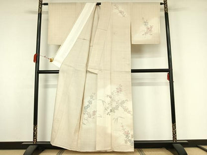 平和屋着物▽訪問着　単衣　生紬地　手描き　花籬文　正絹　逸品　AABK7292jh