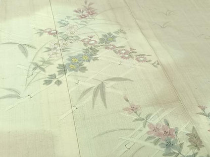 平和屋着物▽訪問着　単衣　生紬地　手描き　花籬文　正絹　逸品　AABK7292jh