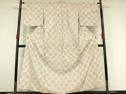 平和屋着物▽上質な紬　単衣　市松花文　正絹　逸品　AABK7293jh