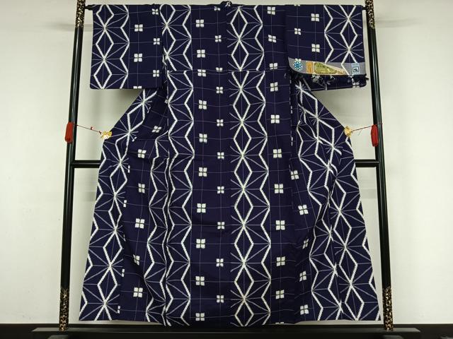 平和屋着物▽越後伝承紬　単衣　麻の葉間道　証紙付き　正絹　逸品　AABK7295jh