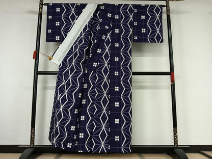 平和屋着物▽越後伝承紬　単衣　麻の葉間道　証紙付き　正絹　逸品　AABK7295jh