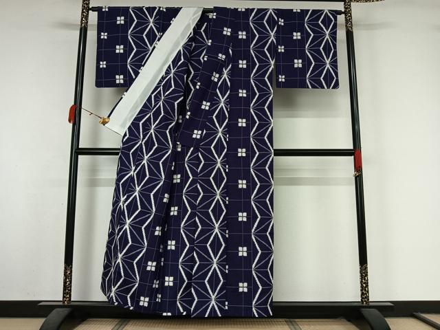 平和屋着物▽越後伝承紬　単衣　麻の葉間道　証紙付き　正絹　逸品　AABK7295jh