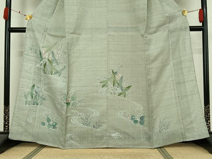 平和屋着物▽訪問着　単衣　生紬地　流水花文　正絹　逸品　AABK7296jh