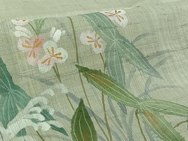 平和屋着物▽訪問着　単衣　生紬地　流水花文　正絹　逸品　AABK7296jh