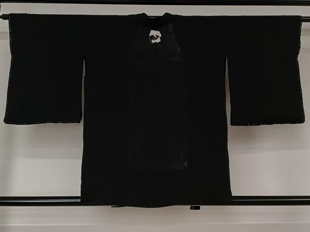 平和屋着物▽羽織　スリーシーズン　春夏秋　塵除け　団扇　黒地　正絹　逸品　AABK7298jh