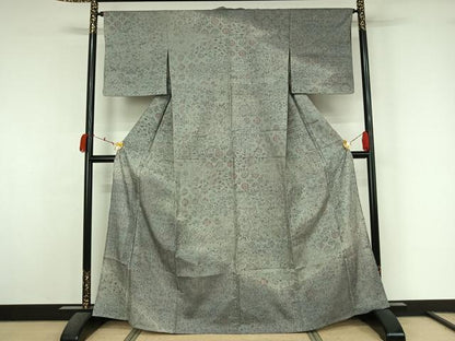 平和屋着物▽訪問着　単衣　生紬地　草花文　正絹　逸品　AABK7299jh