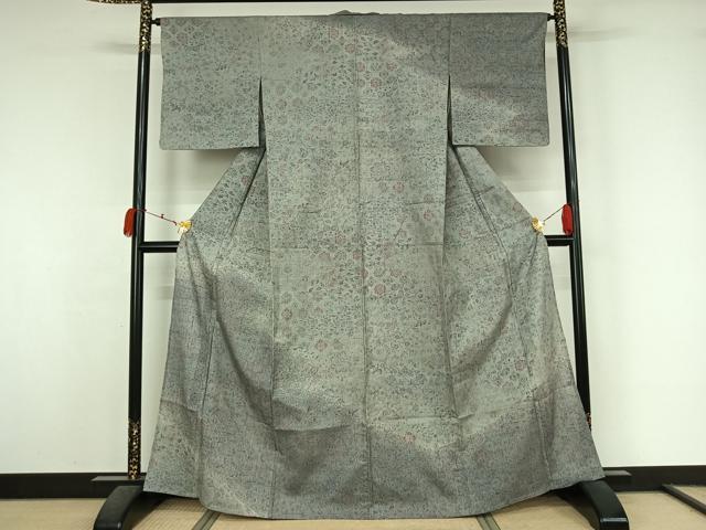 平和屋着物▽訪問着　単衣　生紬地　草花文　正絹　逸品　AABK7299jh